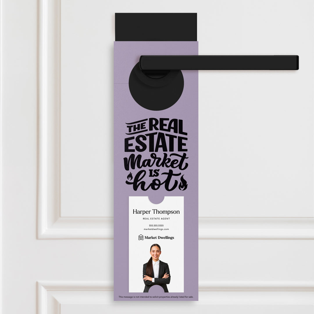 Vertical | The Real Estate Market is Hot | Real Estate Agent Double Sided Door Hangers | 13-DH005 Door Hanger Market Dwellings LIGHT PURPLE