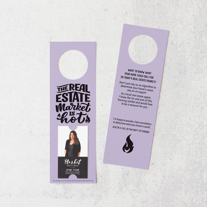 Vertical | "The Real Estate Market is Hot" | Real Estate Agent Double Sided Door Hanger | 13-DH005