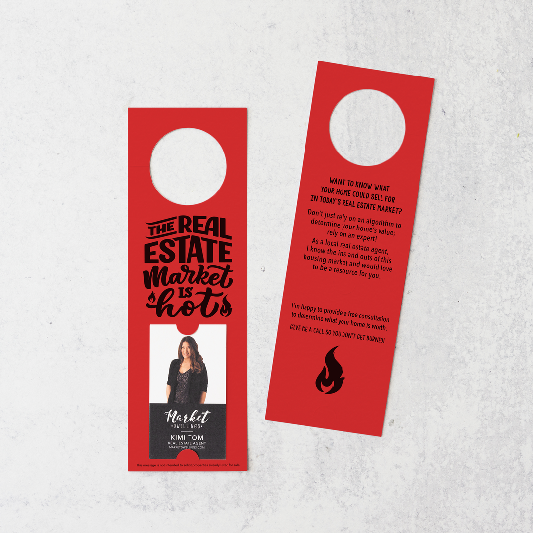 Vertical | "The Real Estate Market is Hot" | Real Estate Agent Double Sided Door Hanger | 13-DH005