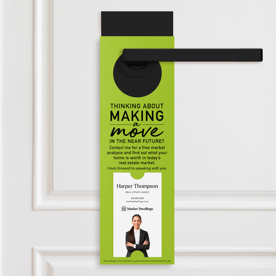 Thinking About Making A Move | Vertical Real Estate Door Hangers | 14-DH005 Door Hanger Market Dwellings GREEN APPLE