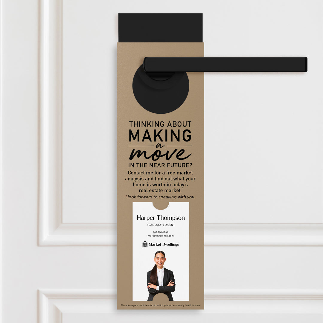 Thinking About Making A Move | Vertical Real Estate Door Hangers | 14-DH005 Door Hanger Market Dwellings KRAFT