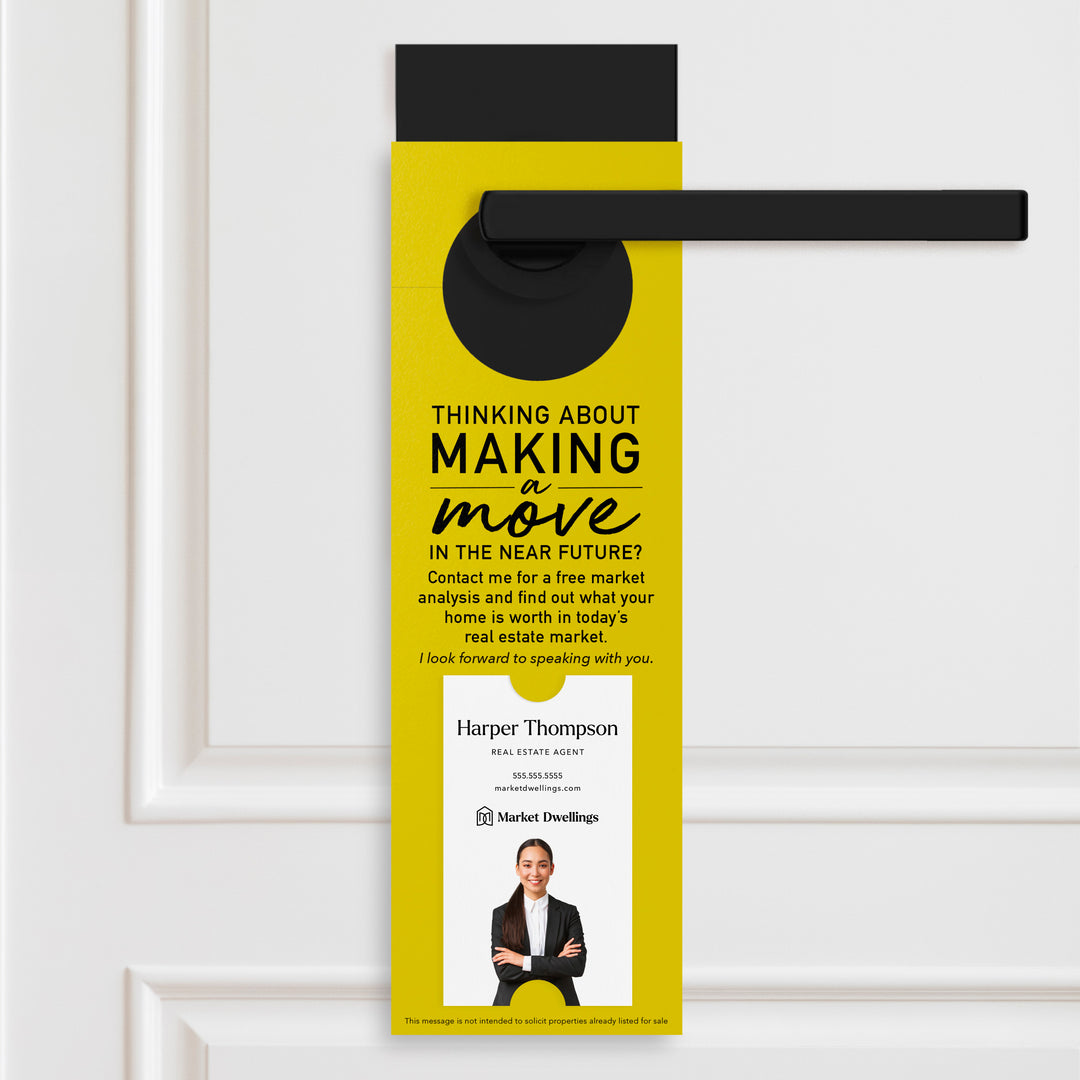 Thinking About Making A Move | Vertical Real Estate Door Hangers | 14-DH005 Door Hanger Market Dwellings LEMON