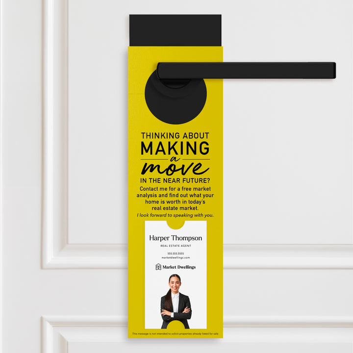 Thinking About Making A Move | Vertical Real Estate Door Hangers | 14-DH005 Door Hanger Market Dwellings LEMON