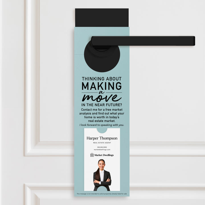 Thinking About Making A Move | Vertical Real Estate Door Hangers | 14-DH005 Door Hanger Market Dwellings LIGHT BLUE