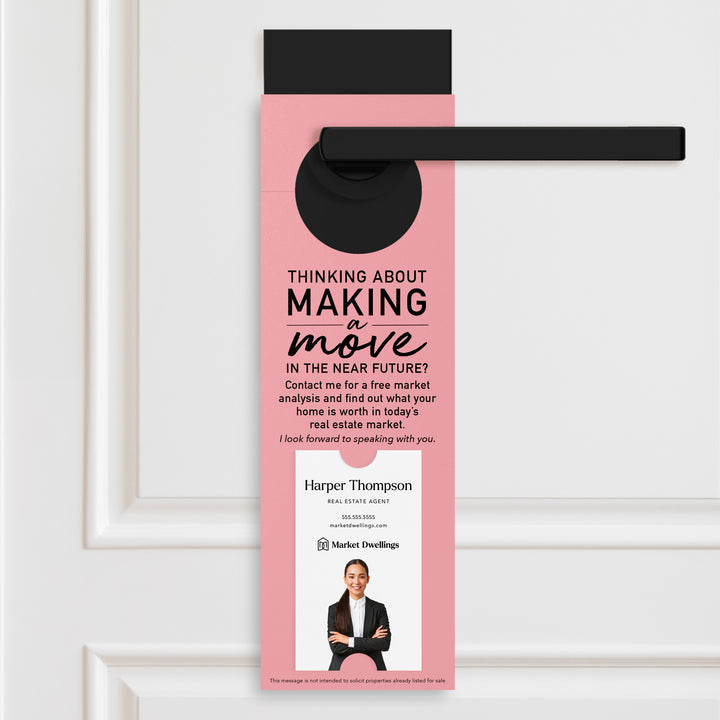 Thinking About Making A Move | Vertical Real Estate Door Hangers | 14-DH005 Door Hanger Market Dwellings LIGHT PINK