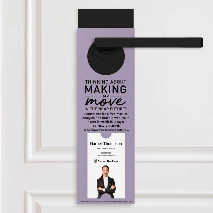 Thinking About Making A Move | Vertical Real Estate Door Hangers | 14-DH005 Door Hanger Market Dwellings LIGHT PURPLE