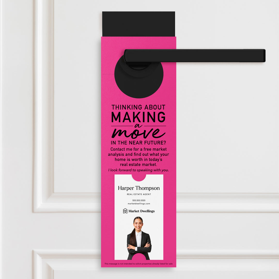 Thinking About Making A Move | Vertical Real Estate Door Hangers | 14-DH005 Door Hanger Market Dwellings RAZZLE BERRY