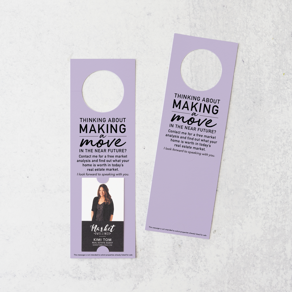 Thinking About Making A Move | Vertical Real Estate Door Hangers | 14-DH005 Door Hanger Market Dwellings LIGHT PURPLE  