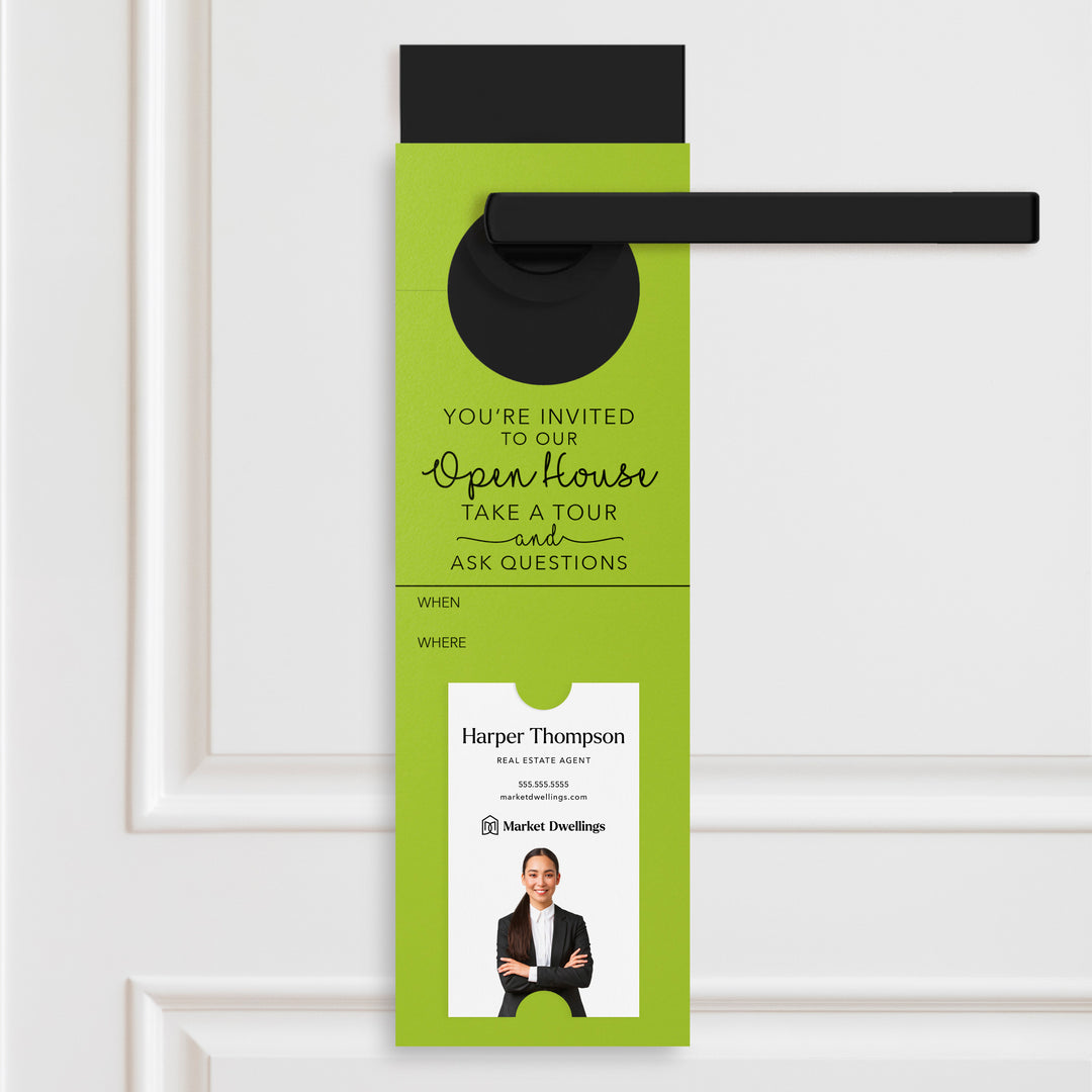 Vertical | You're Invited to Our Open House | Door Hangers | 15-DH005 Door Hanger Market Dwellings GREEN APPLE