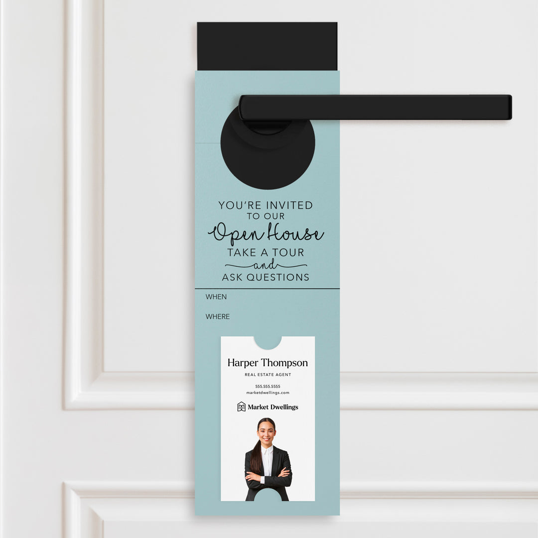 Vertical | You're Invited to Our Open House | Door Hangers | 15-DH005 Door Hanger Market Dwellings LIGHT BLUE