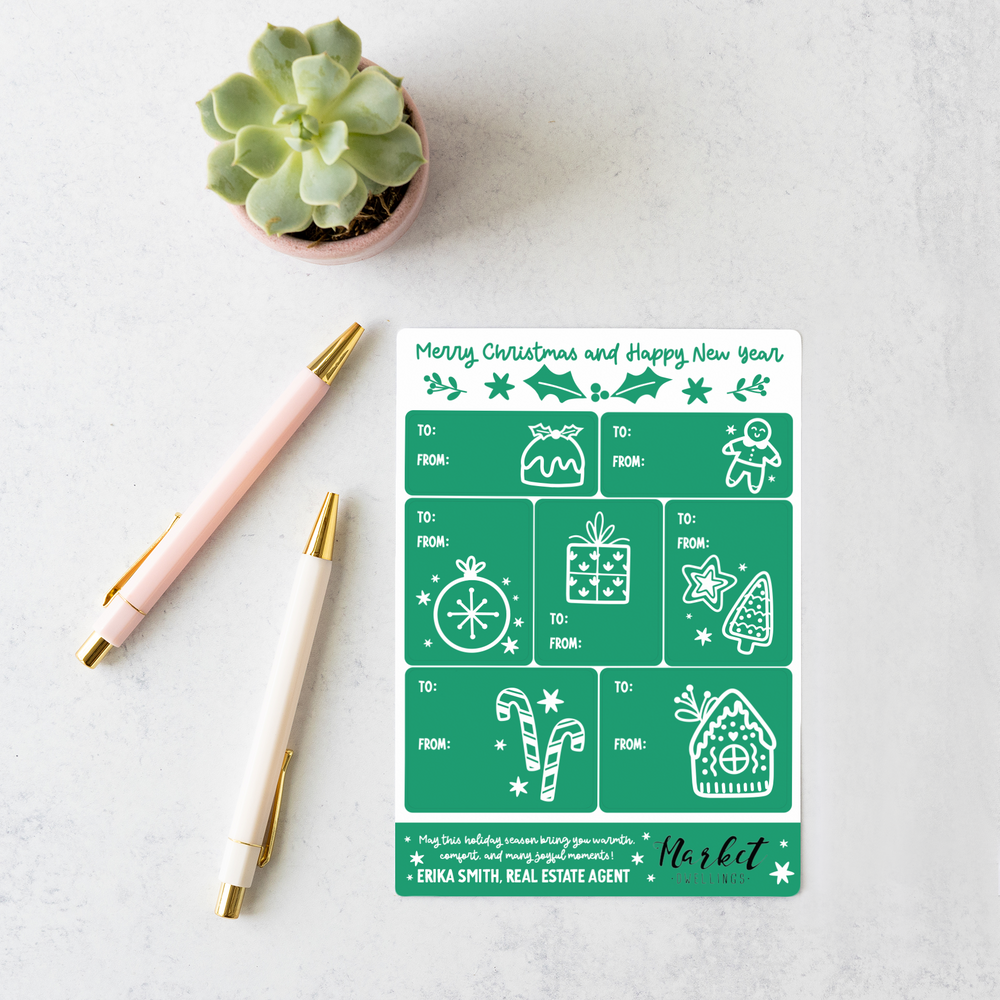 Customizable | Merry and Happy New Year Gift Tag Sticker Sheet | 15-LB2-AB Stickers Market Dwellings JADE No: Envelopes 