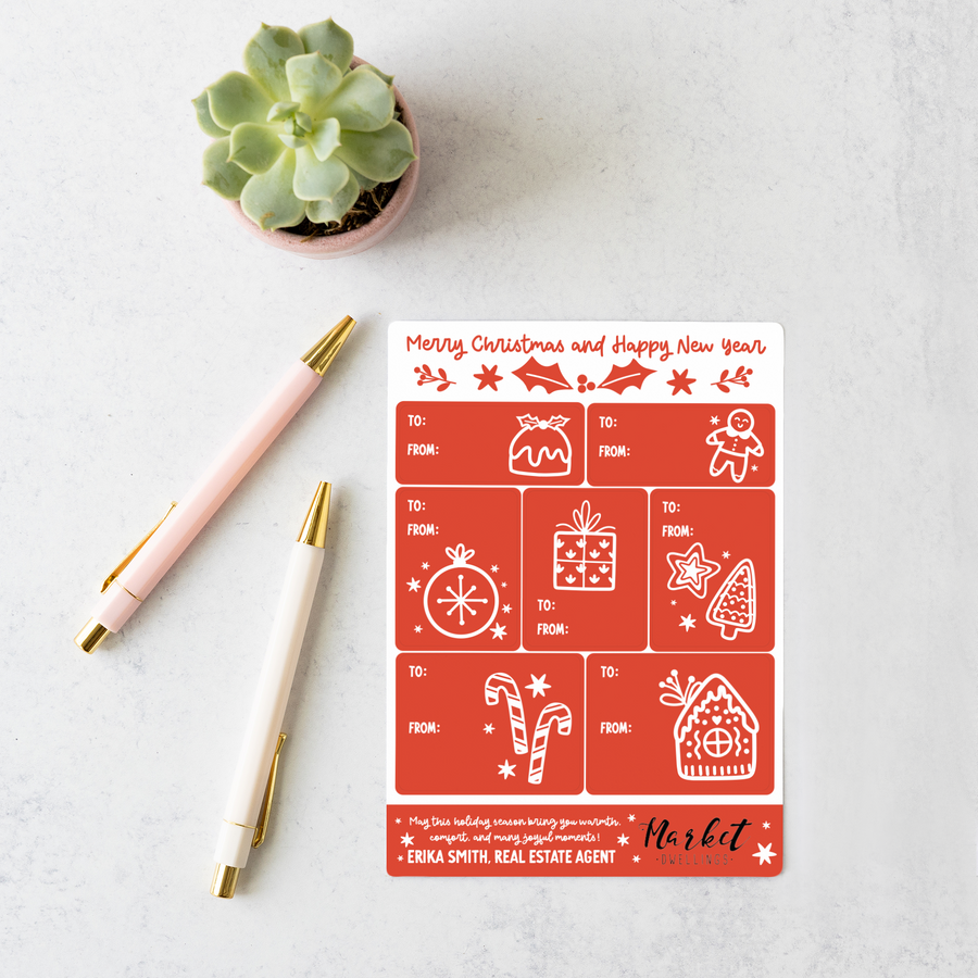 Customizable | Merry and Happy New Year Gift Tag Sticker Sheet | 15-LB2-AB Stickers Market Dwellings REGAL RED No: Envelopes 