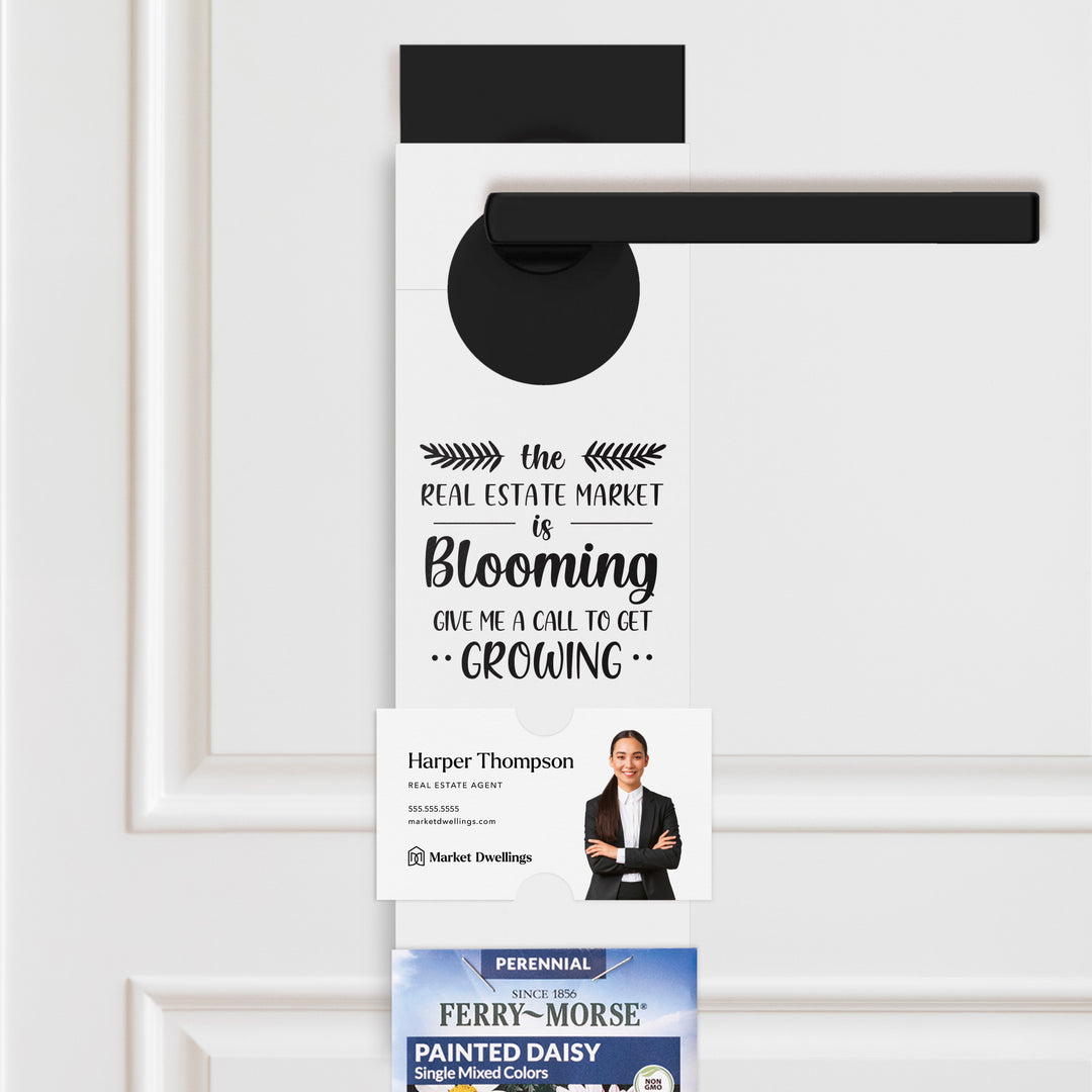 The Real Estate Market is Blooming | Door Hangers for Seed Packets | 16-DH003 Door Hanger Market Dwellings WHITE