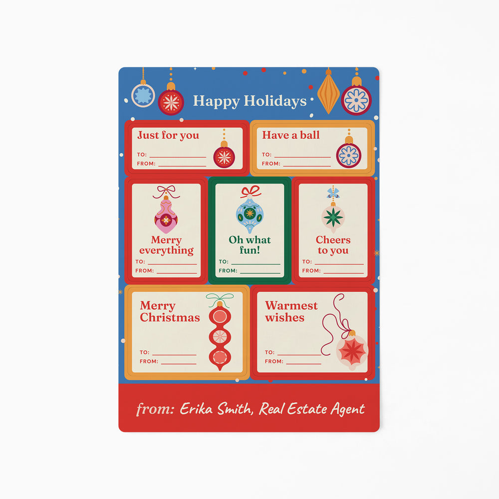 Happy Holidays, Vintage Ornaments | Gift Tag Sticker Sheets in BLUE, 7 gift tag stickers on one sheet