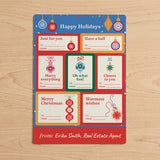 Happy Holidays, Vintage Ornaments | Gift Tag Sticker Sheets in BLUE on a wood table