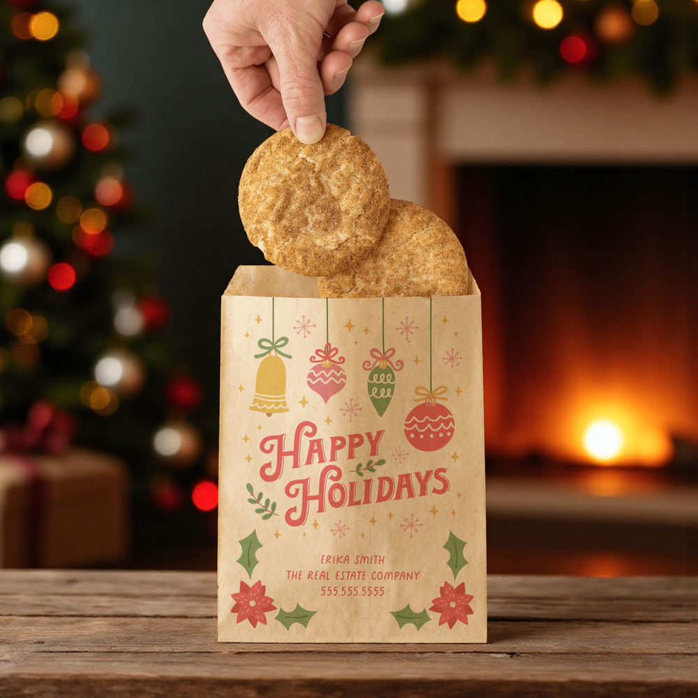 Customizable | Set of "Happy Holidays" Bakery Bags | 12-BB Bakery Bag Market Dwellings