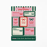 Happy Holidays, Stripes and Bows | Gift Tag Sticker Sheets in GREEN, 7 gift tag stickers on one sheet