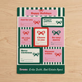 Happy Holidays, Stripes and Bows | Gift Tag Sticker Sheets in GREEN on a wood table