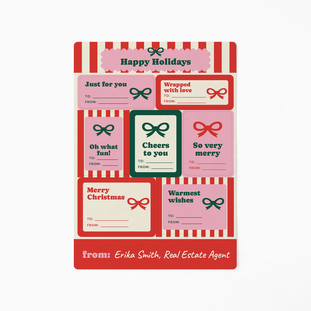 Happy Holidays, Stripes and Bows | Gift Tag Sticker Sheets in RED, 7 gift tag stickers on one sheet