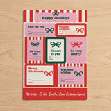 Happy Holidays, Stripes and Bows | Gift Tag Sticker Sheets in RED on a wood table