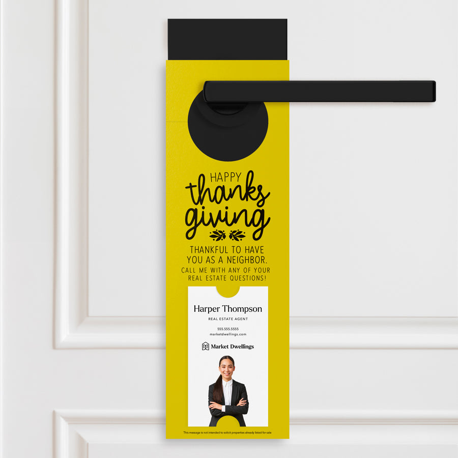 Vertical | Happy Thanksgiving Real Estate | Neighborhood Door Hangers | 20-DH005 Door Hanger Market Dwellings LEMON