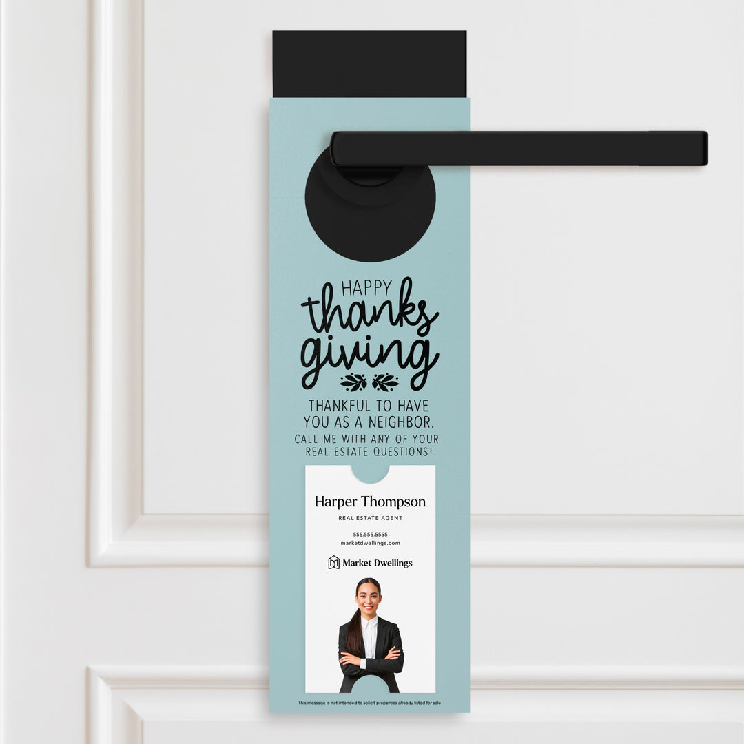 Vertical | Happy Thanksgiving Real Estate | Neighborhood Door Hangers | 20-DH005 Door Hanger Market Dwellings LIGHT BLUE