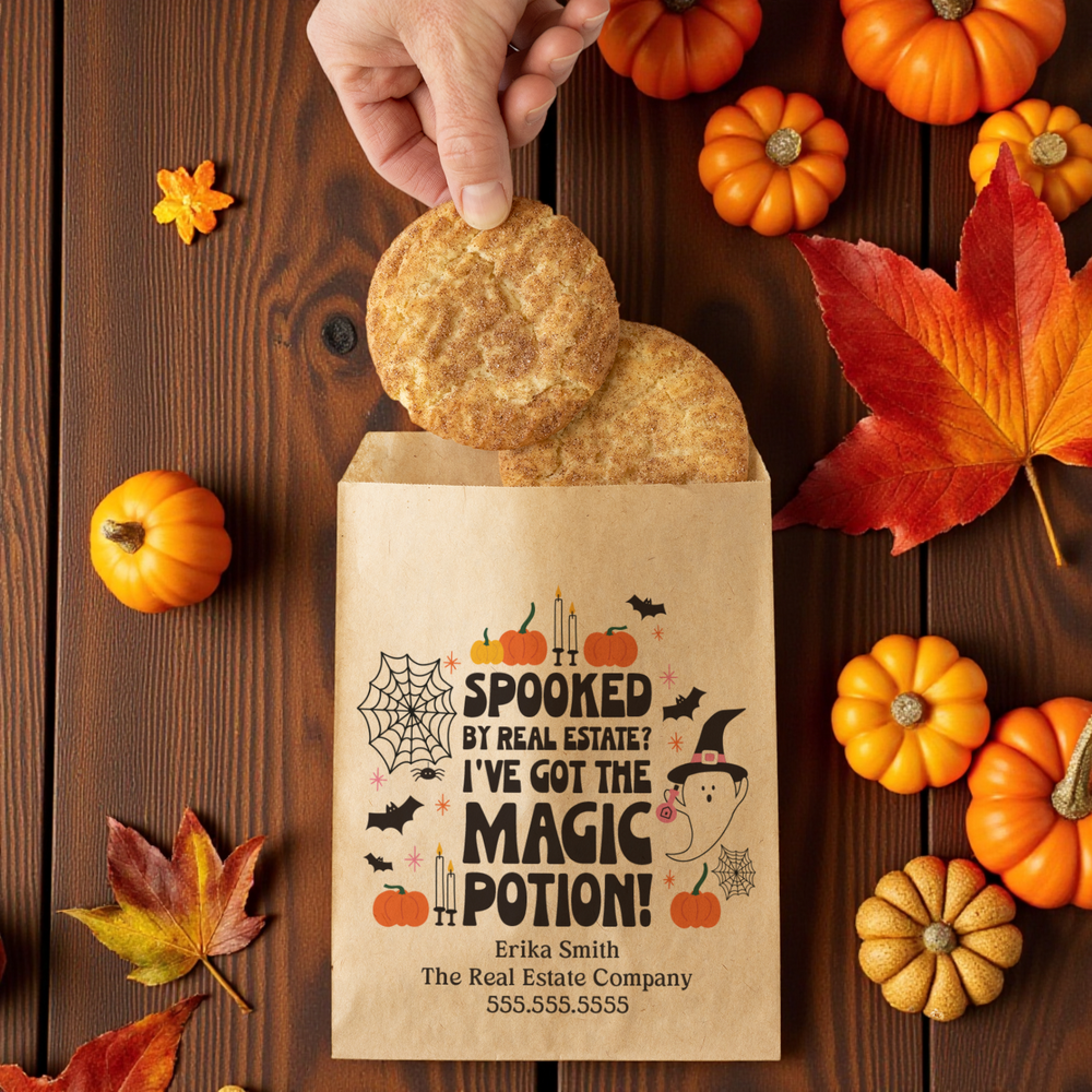 Customizable | Set of Spooked by real estate? I've got the magic potion! Treat Bags | 23-BB Bakery Bag Market Dwellings
