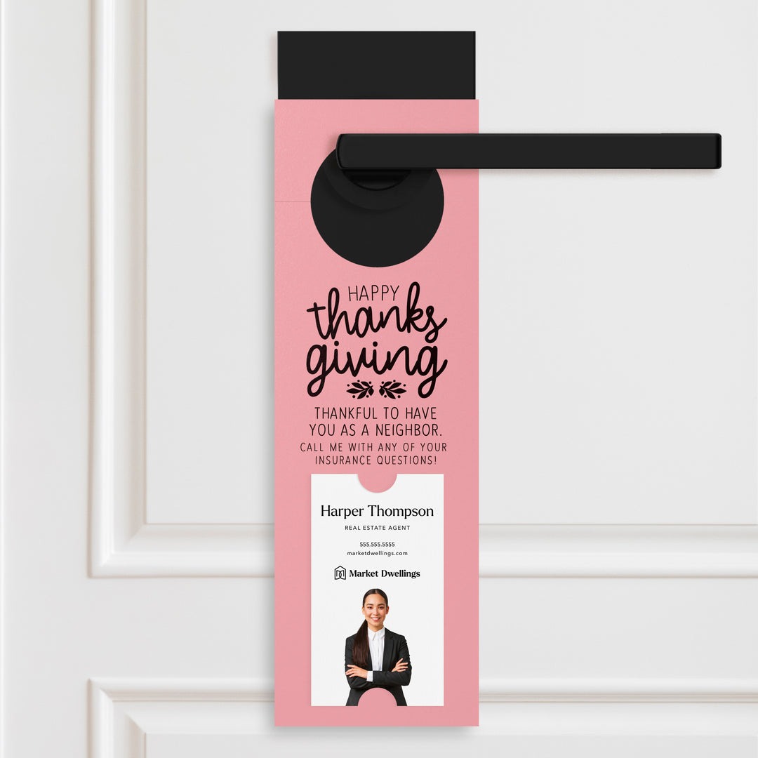 Vertical | Happy Thanksgiving Insurance | Neighborhood Door Hangers | 22-DH005 Door Hanger Market Dwellings LIGHT PINK