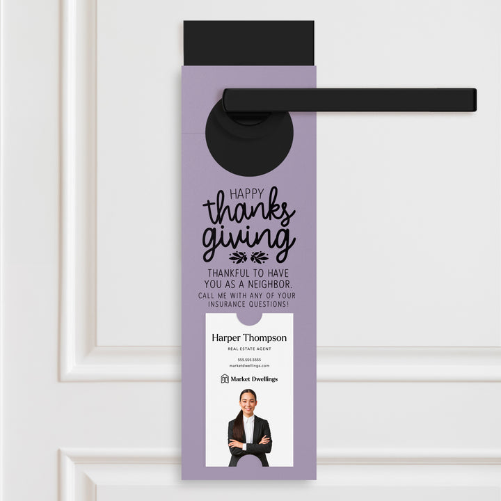 Vertical | Happy Thanksgiving Insurance | Neighborhood Door Hangers | 22-DH005 Door Hanger Market Dwellings LIGHT PURPLE