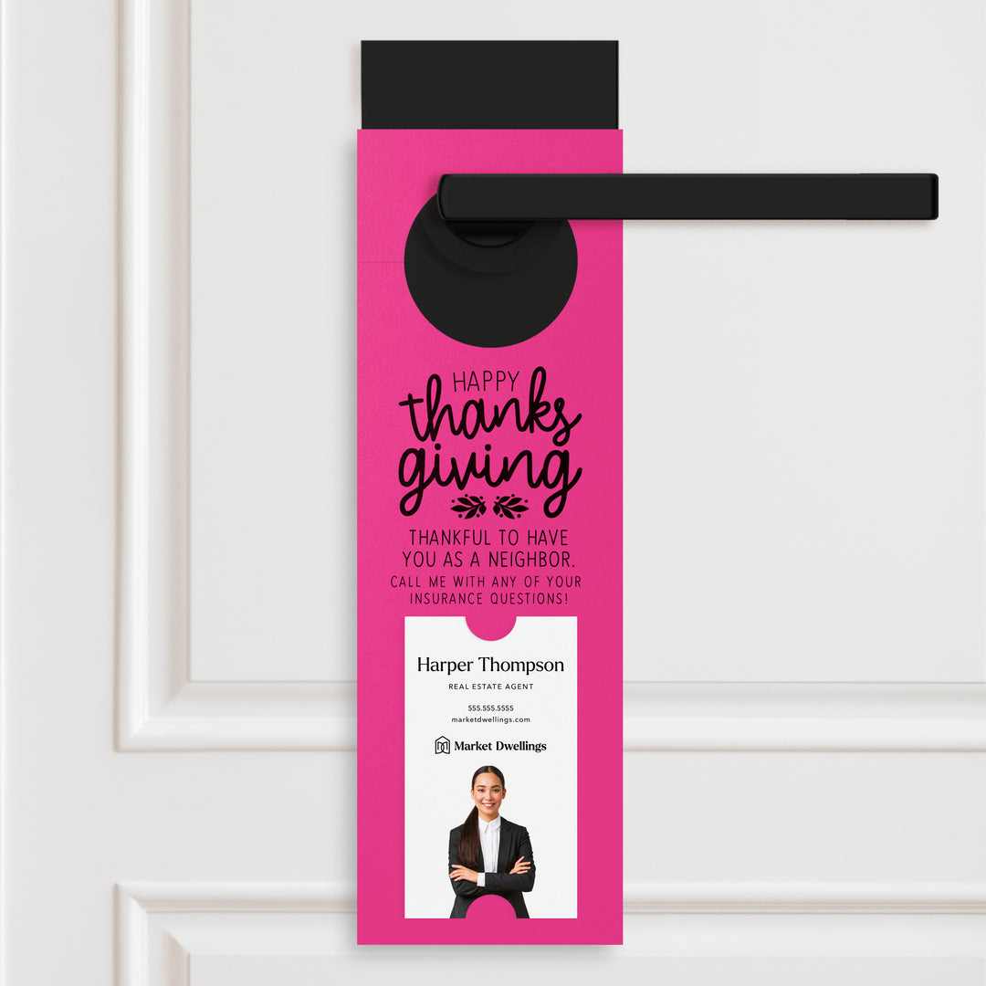 Vertical | Happy Thanksgiving Insurance | Neighborhood Door Hangers | 22-DH005 Door Hanger Market Dwellings RAZZLE BERRY