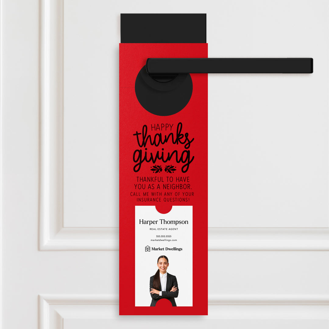 Vertical | Happy Thanksgiving Insurance | Neighborhood Door Hangers | 22-DH005 Door Hanger Market Dwellings SCARLET