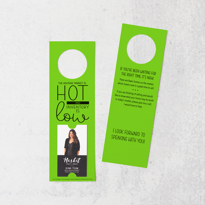 Vertical | The Housing Market is HOT and Inventory is LOW | Double Sided Real Estate Door Hangers | 25-DH005 Door Hanger Market Dwellings GREEN APPLE  