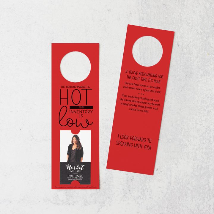 Vertical | The Housing Market is HOT and Inventory is LOW | Double Sided Real Estate Door Hangers | 25-DH005 Door Hanger Market Dwellings SCARLET  