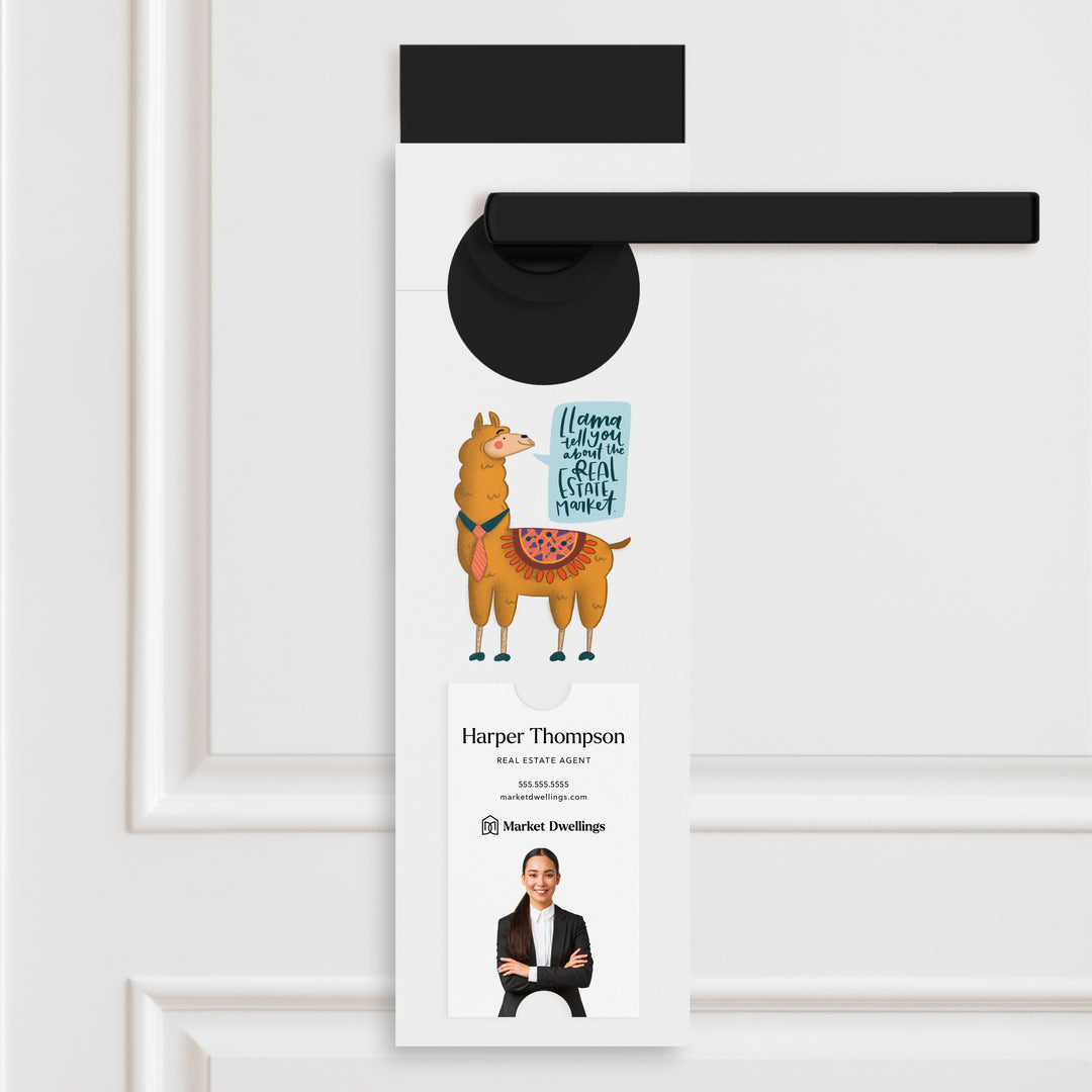 Vertical | "Llama Tell You About The Real Estate Market" | Real Estate Door Hanger | 26-DH005 Door Hanger Market Dwellings