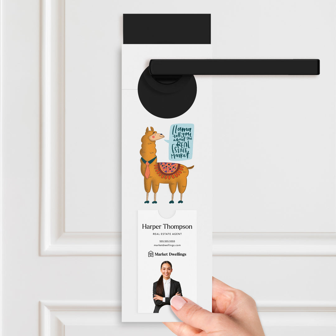 Vertical | "Llama Tell You About The Real Estate Market" | Real Estate Door Hanger | 26-DH005 Door Hanger Market Dwellings