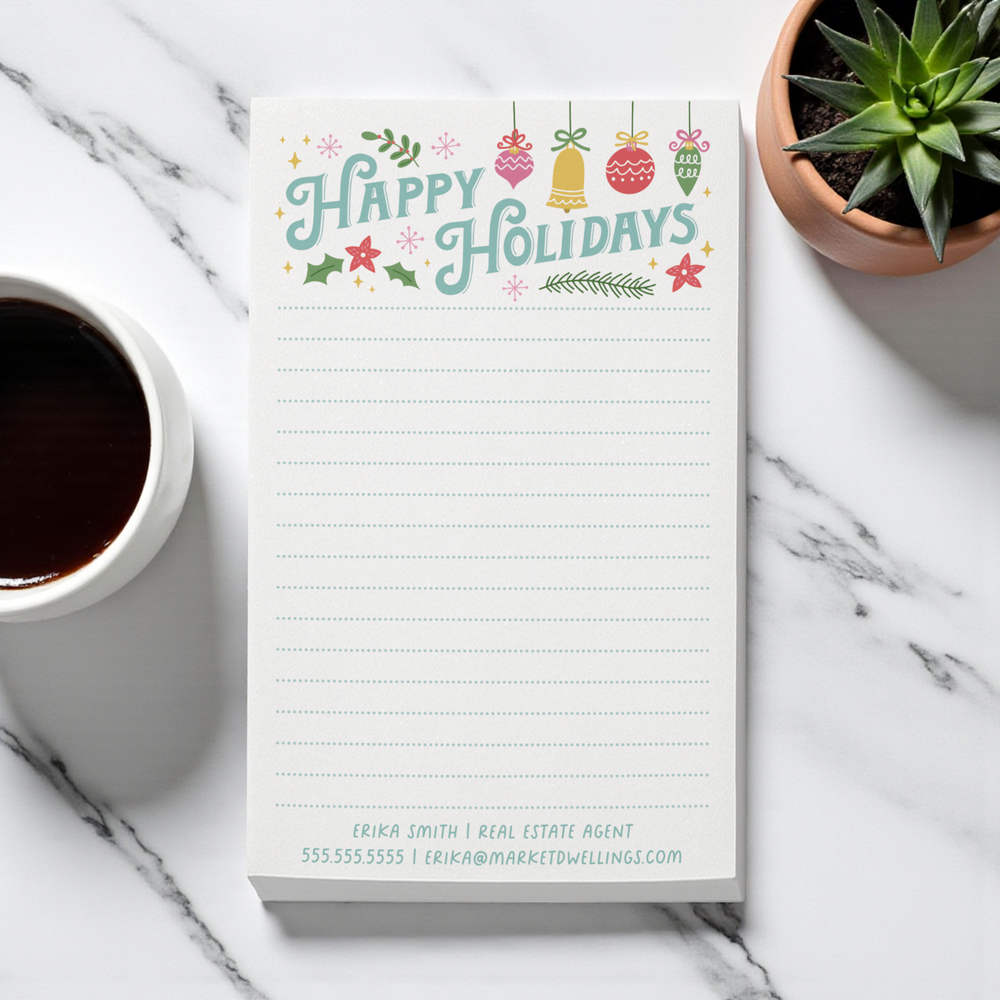 Set of Customizable Happy Holidays Notepads | 5 x 8in | 50 Tear-Off Sheets | 9-SNP Notepad Market Dwellings