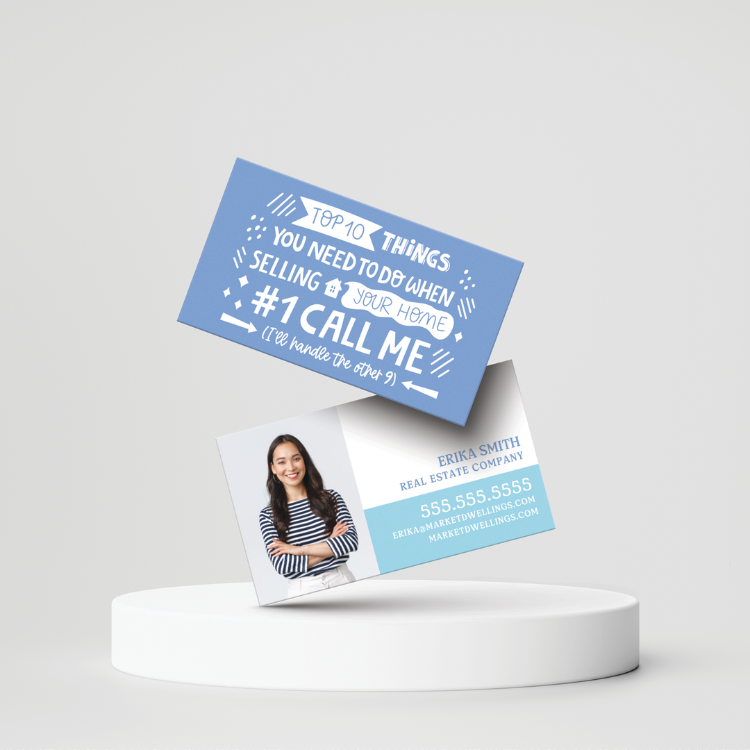 Top 10 Things You Need To Do When Selling Your Home | Real Estate Business Cards | BC-06-AB Business Cards Market Dwellings MOONSTONE BLUE Premium Square