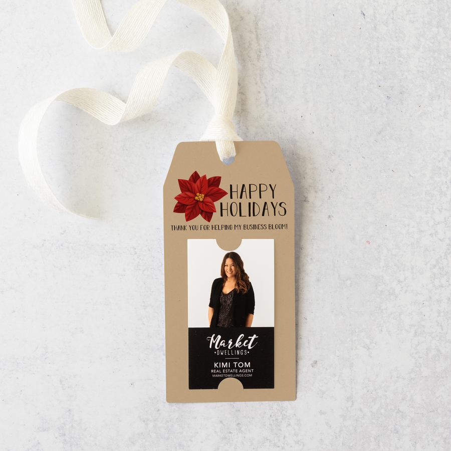 Vertical Happy Holidays with Poinsettia Gift Tags | Christmas | Pop By Gift Tag | 4-GT005 Gift Tag Market Dwellings KRAFT  