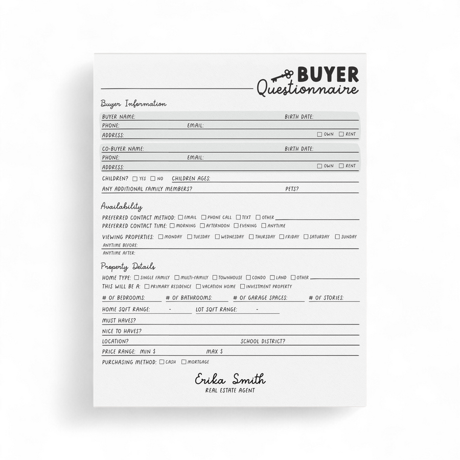 Customizable Homebuyer Questionnaire Notepad | 8.5 x 11in | 50 Tear-Off Sheets | 2-NP Notepad Market Dwellings