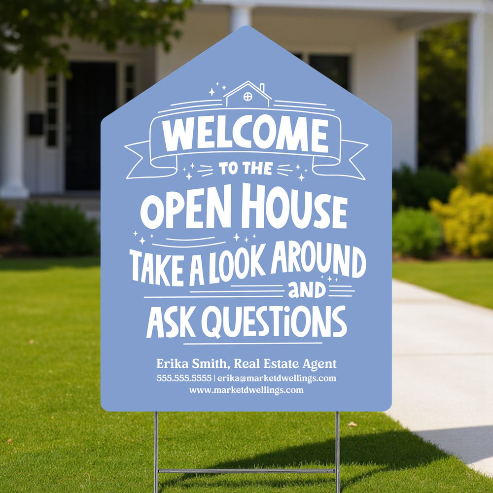Creative Open house real estate sign with text and contact information in front of a house