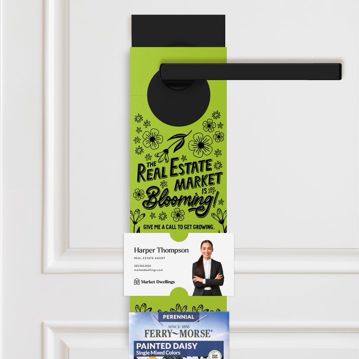 The Real Estate Market Is Blooming! | Spring Door Hangers | 8-DH003 Door Hanger Market Dwellings GREEN APPLE