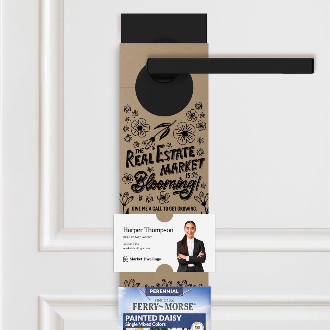 The Real Estate Market Is Blooming! | Spring Door Hangers | 8-DH003 Door Hanger Market Dwellings KRAFT