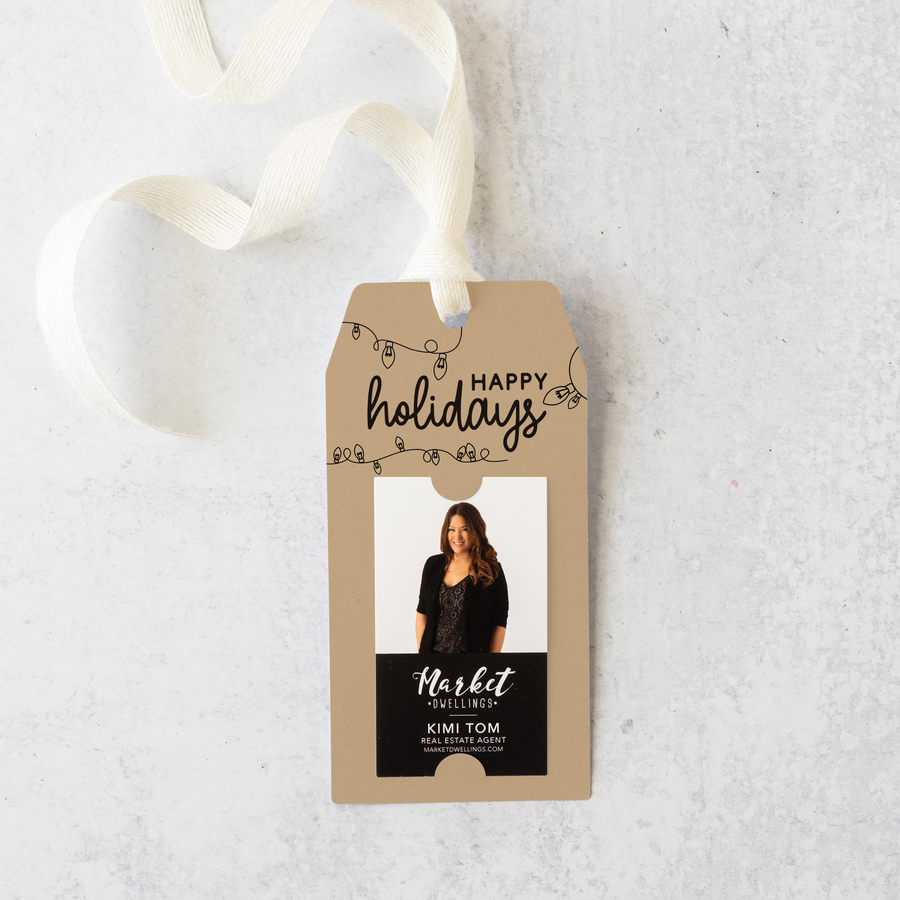 Vertical | Happy Holidays with String of Lights Pop By Gift Tags | 8-GT005 Gift Tag Market Dwellings KRAFT  