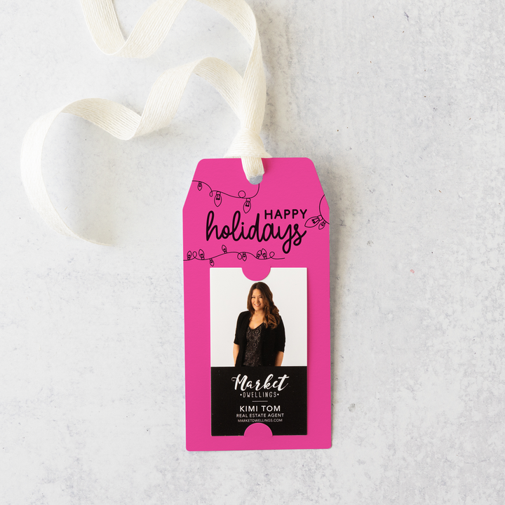 Vertical | Happy Holidays with String of Lights Pop By Gift Tags | 8-GT005 Gift Tag Market Dwellings RAZZLE BERRY  