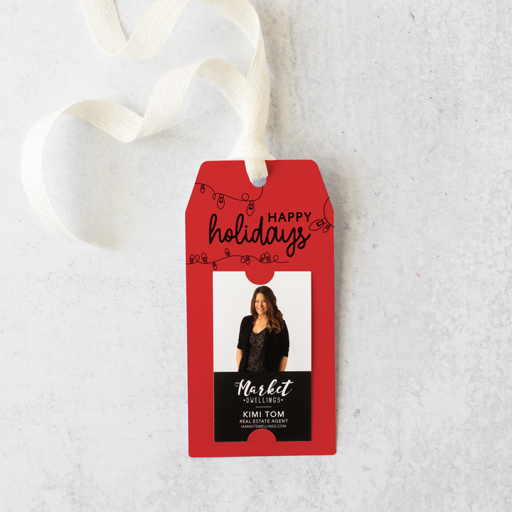 Vertical | Happy Holidays with String of Lights Pop By Gift Tags | 8-GT005 Gift Tag Market Dwellings SCARLET  