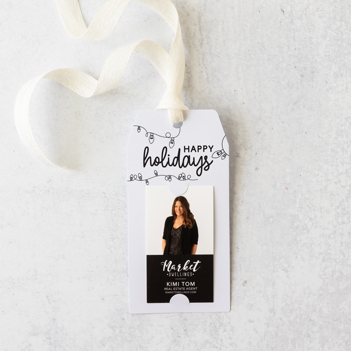 Vertical | Happy Holidays with String of Lights Pop By Gift Tags | 8-GT005 Gift Tag Market Dwellings WHITE  