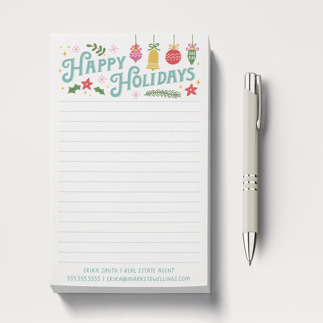 Set of Customizable Happy Holidays Notepads | 5 x 8in | 50 Tear-Off Sheets | 9-SNP Notepad Market Dwellings   