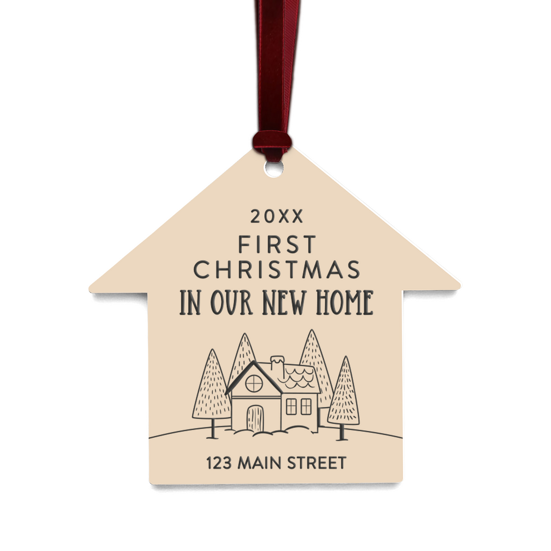 Customizable | First Christmas In Our New Home Ornaments Ornament Market Dwellings BEIGE BURGUNDY