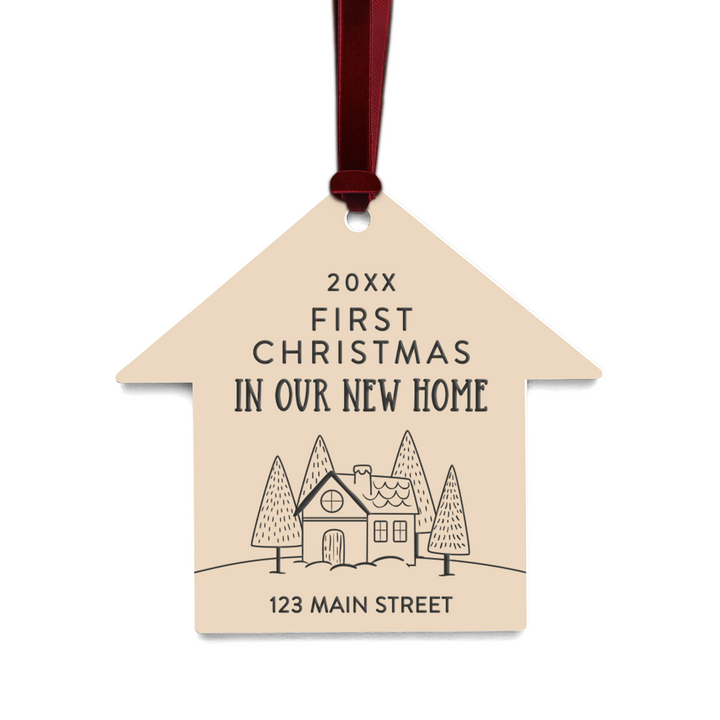 Customizable | First Christmas In Our New Home Ornaments Ornament Market Dwellings BEIGE BURGUNDY