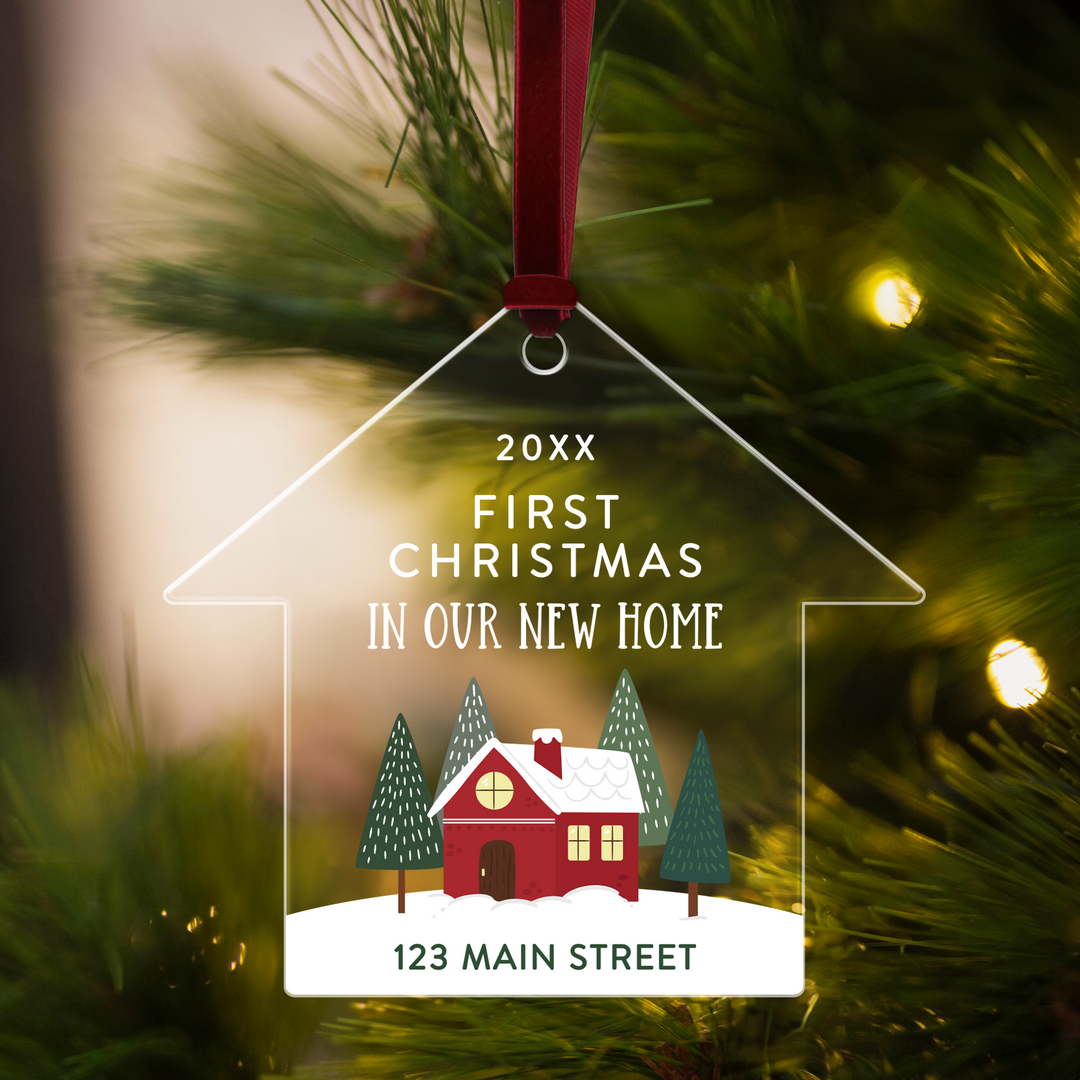 Customizable | First Christmas In Our New Home Ornaments Ornament Market Dwellings Same Customization For Each Ornament BURGUNDY 